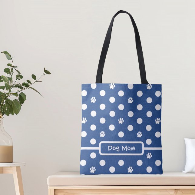 White Polka-Dot Paw Prints Blue Personalize Tote Bag (Creator Uploaded)