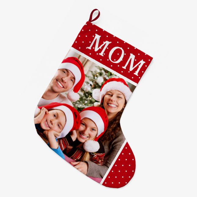 White Polka Dot Snow Family Photo Mom Large Christmas Stocking (Front (Hanging))