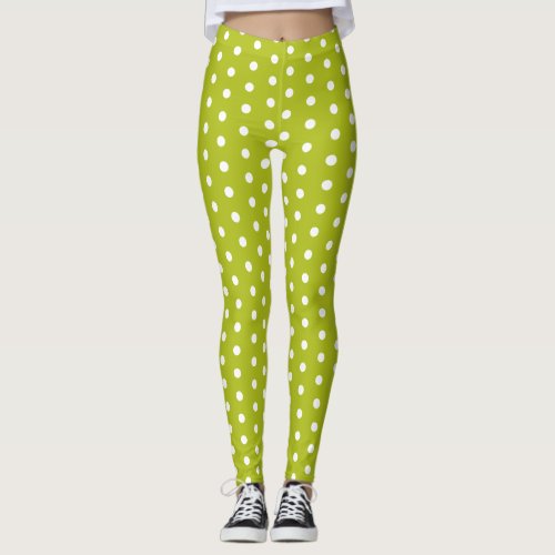 White polka dots acid green cool retro pattern leggings