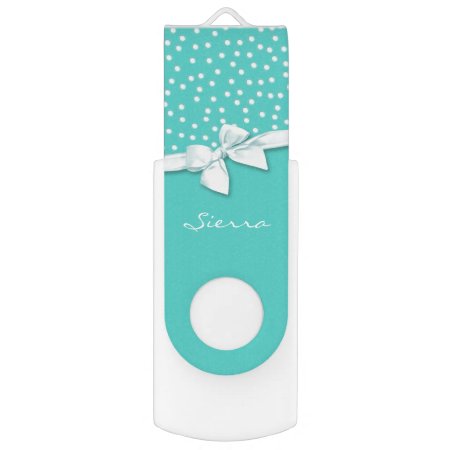 White Polka Dots And Bow On Teal Personalized Flash Drive
