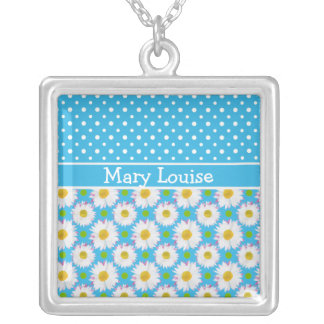 White Polka Dots and Daisies on Sky Blue Silver Plated Necklace