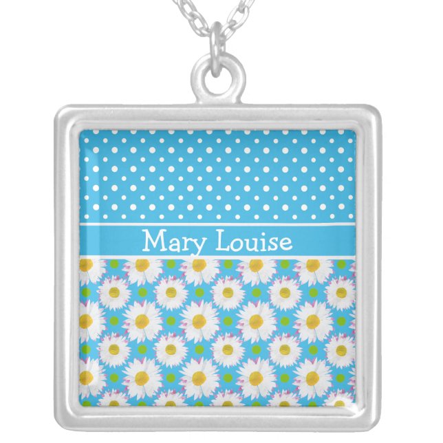 White Polka Dots and Daisies on Sky Blue Silver Plated Necklace (Front)