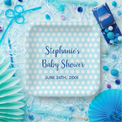 White Polka Dots Blue Girl Boy Baby Shower Party Paper Plates