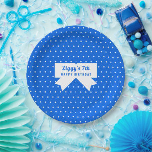 White Polka Dots Blue Paper Plate