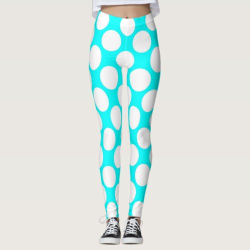 White polka dots large on cyan leggings