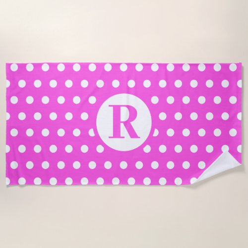 White Polka Dots Monogram Initial Pink Purple Cute Beach Towel