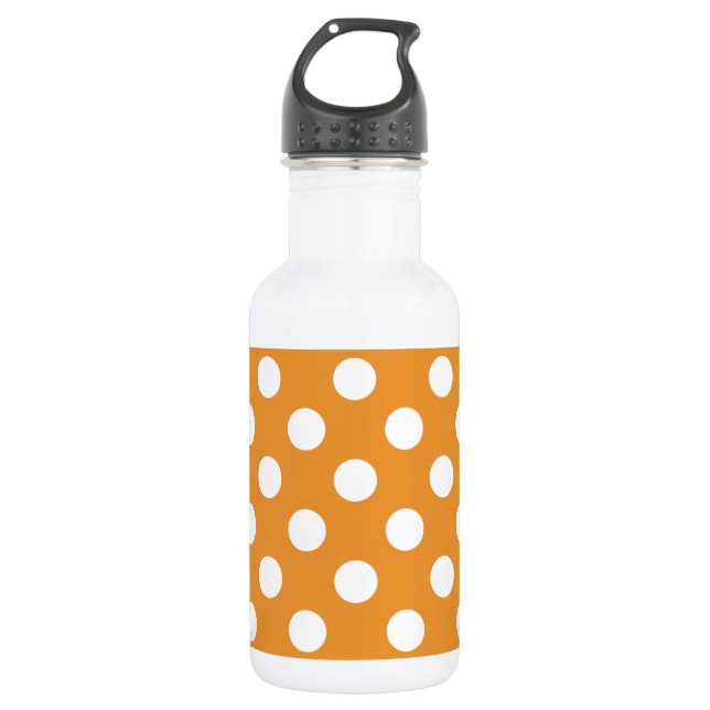White polka dots on amber water bottle (Front)