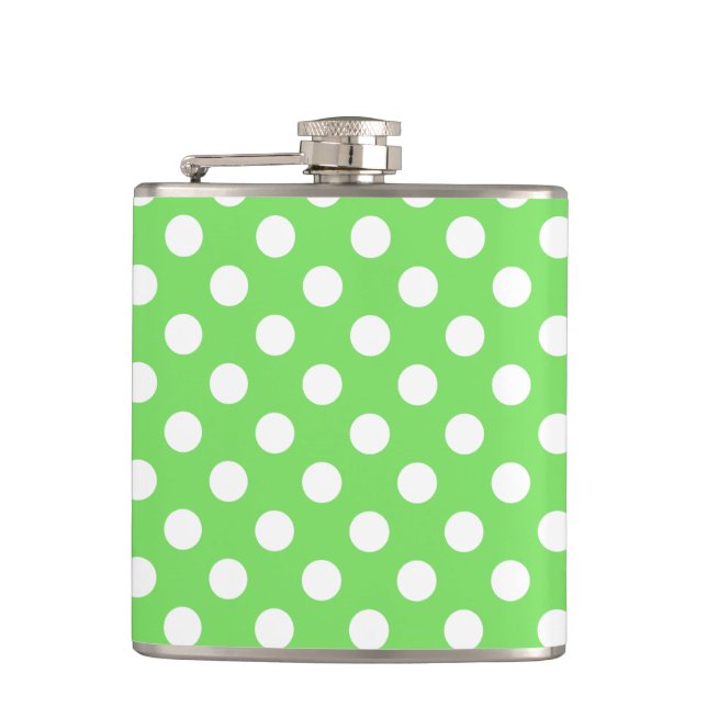 White polka dots on apple green flask (Front)