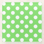 White Polka Dots On Apple Green Glass Coaster at Zazzle