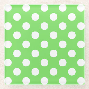 White polka dots on apple green glass coaster