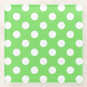 White Polka Dots On Apple Green Glass Coaster by FarmingBackwards at Zazzle