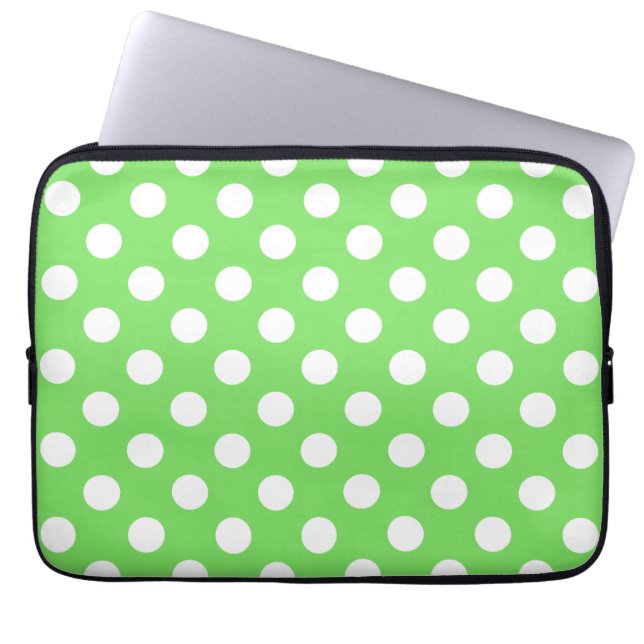 White polka dots on apple green laptop sleeve (Front)