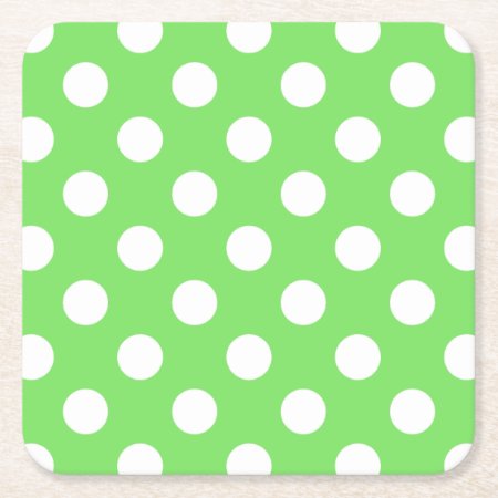White Polka Dots On Apple Green Square Paper Coaster