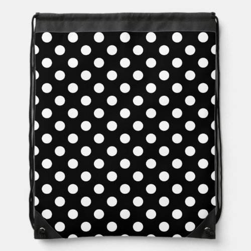 White Polka Dots on Black Background Drawstring Bag