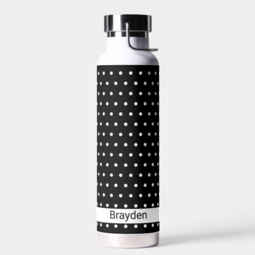 White Polka Dots on Black Background Personalized Water Bottle