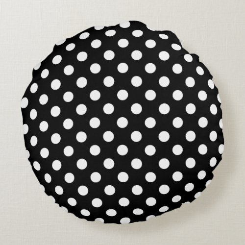 White Polka Dots on Black Background Round Pillow