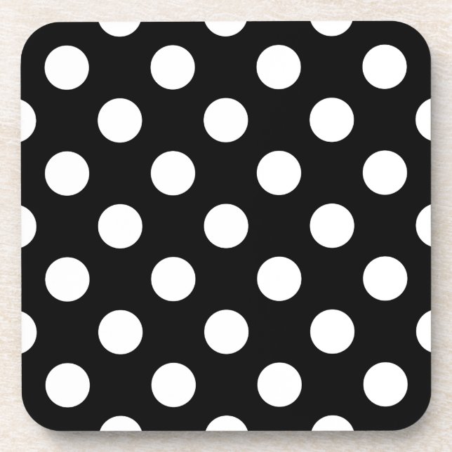 White polka dots on black beverage coaster (Front)