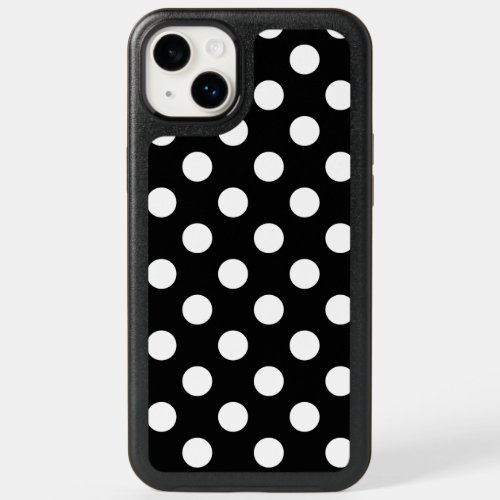 White polka dots on black OtterBox iPhone 14 plus case