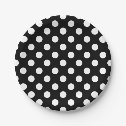 White polka dots on black paper plates