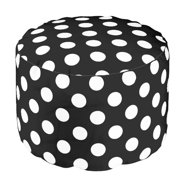 White polka dots on black pouf (Angled Front)
