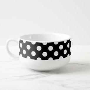 White polka dots on black soup mug