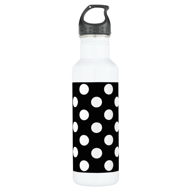 White polka dots on black water bottle (Front)