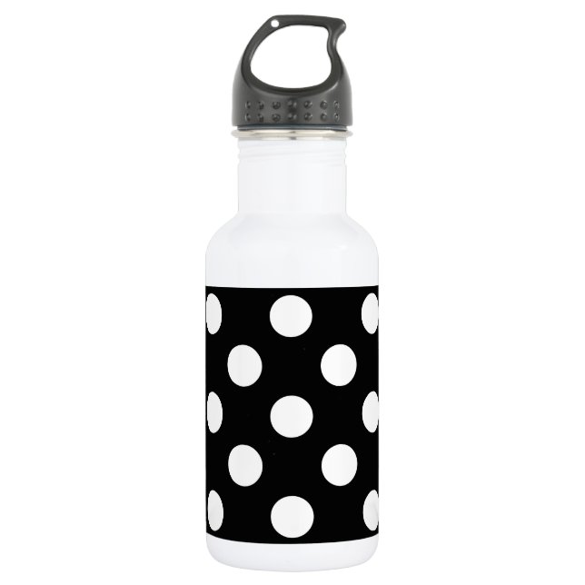 White polka dots on black water bottle (Front)
