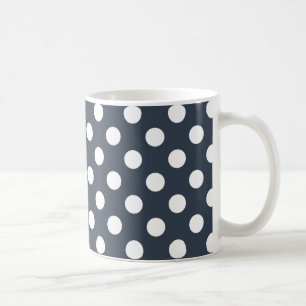 White polka dots on blue-gray coffee mug