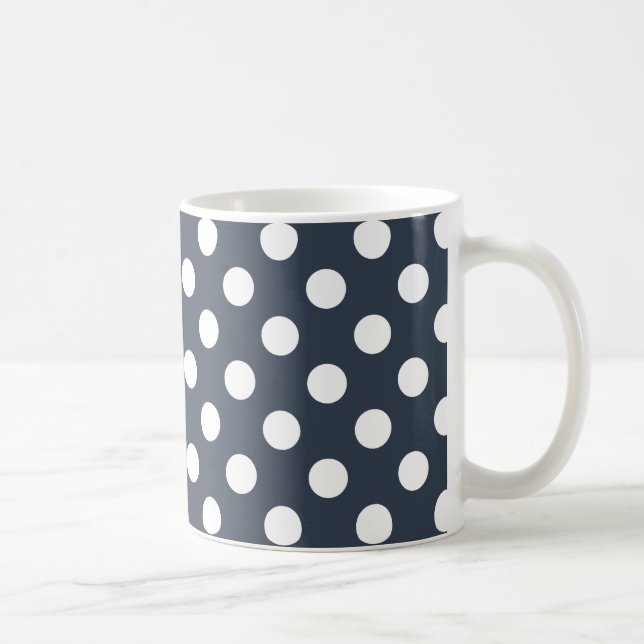 White polka dots on blue-gray coffee mug (Right)