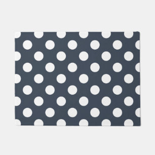 White polka dots on blue-gray doormat