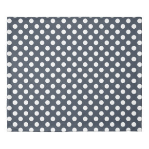 White polka dots on blue-gray duvet cover