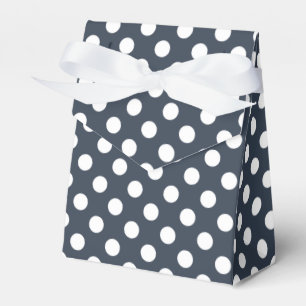 White polka dots on blue-gray favor boxes