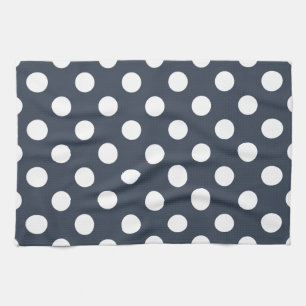 White polka dots on blue-gray kitchen towel