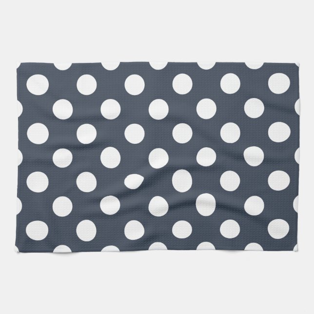 White polka dots on blue-gray kitchen towel (Horizontal)