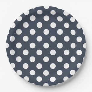 White polka dots on blue-gray paper plates