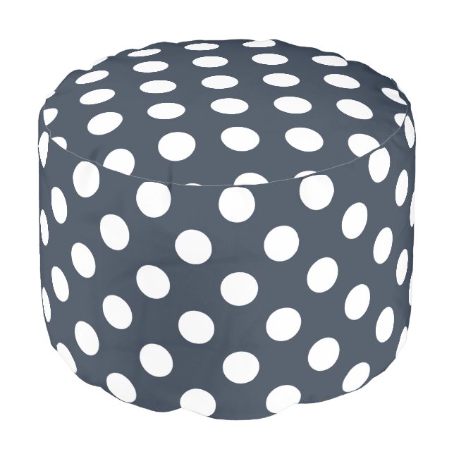 White polka dots on blue-gray pouf (Angled Front)