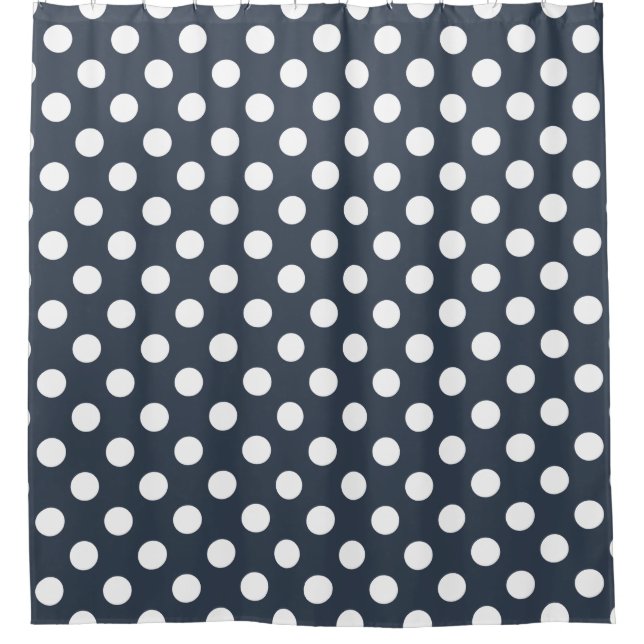 White polka dots on blue-gray shower curtain (Front)