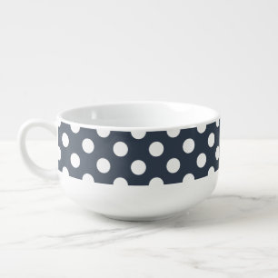White polka dots on blue-gray soup mug