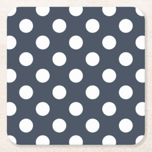 White polka dots on blue-gray square paper coaster