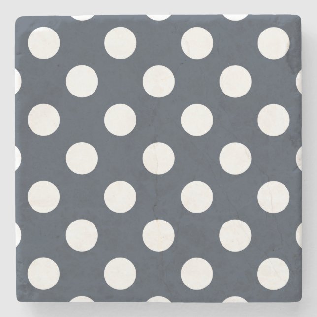 White polka dots on blue-gray stone coaster (Front)