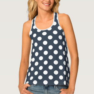 White polka dots on blue-gray tank top