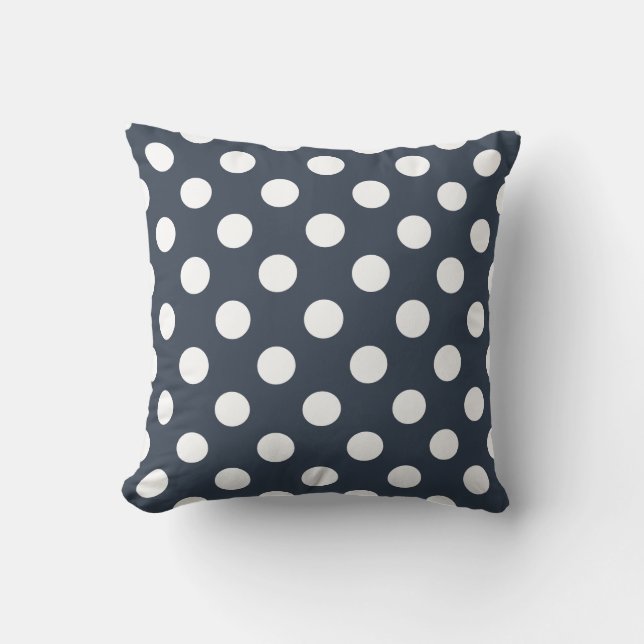 White polka dots on blue-gray throw pillow (Front)