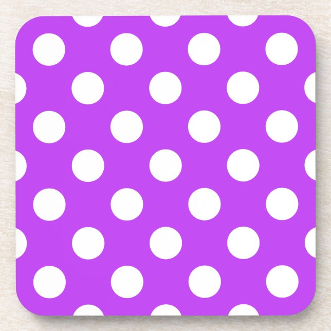 White polka dots on bright purple beverage coaster (Front)