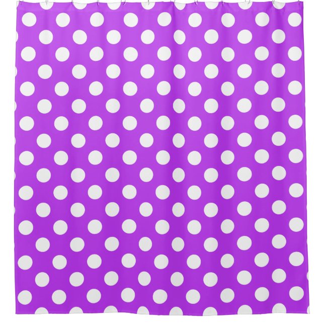 White polka dots on bright purple shower curtain (Front)