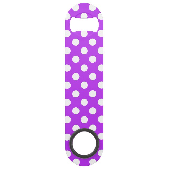 White polka dots on bright purple speed bottle opener (Front)