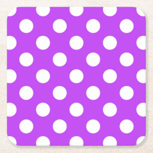 White polka dots on bright purple square paper coaster