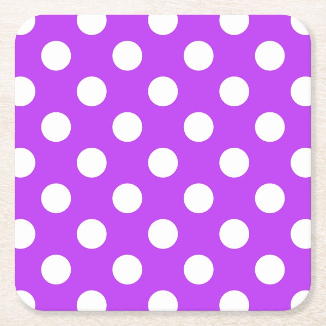 White polka dots on bright purple square paper coaster (Front)