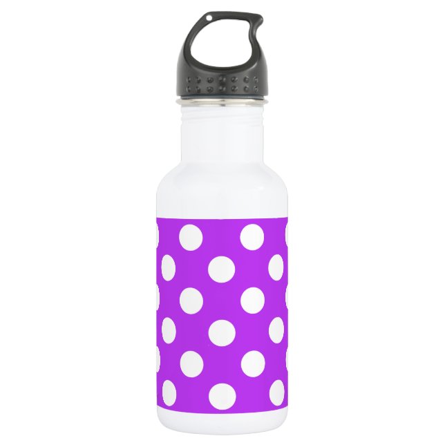 White polka dots on bright purple water bottle (Front)