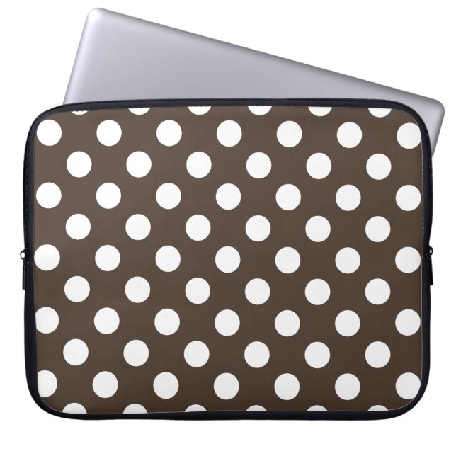 White polka dots on brown laptop sleeve (Front)