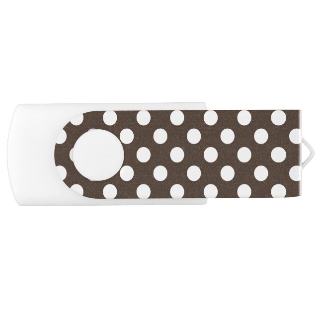 White polka dots on brown USB flash drive (Front)